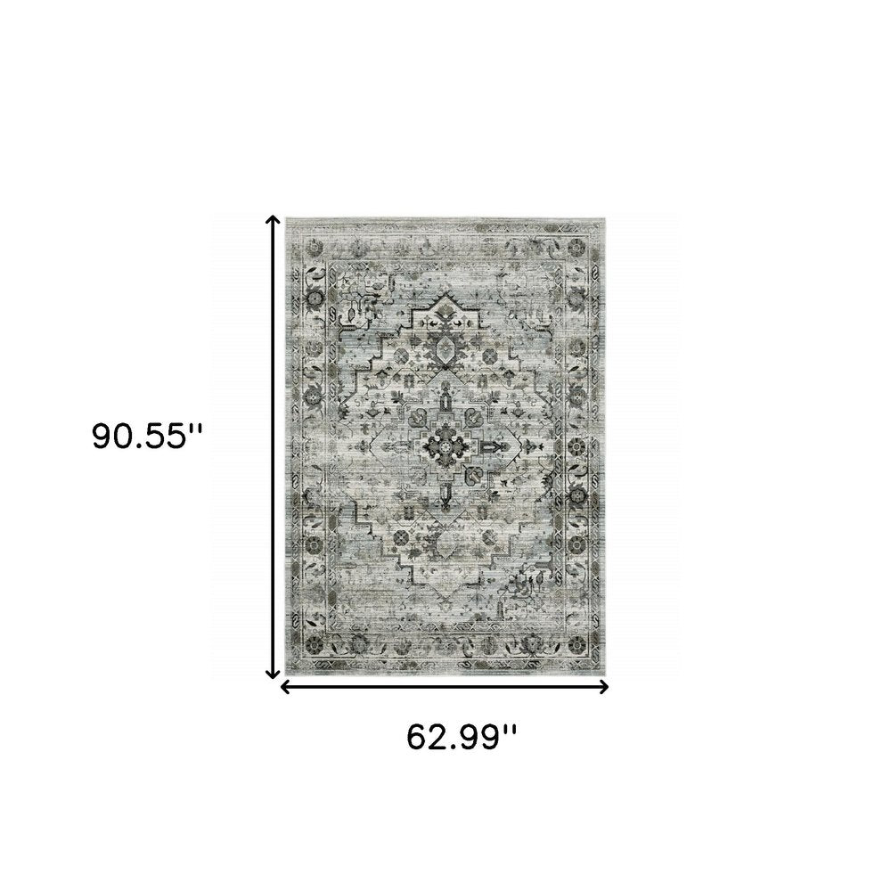 10' X 13' Ivory Grey Charcoal Blue And Taupe Oriental Power Loom Stain Resistant Area Rug