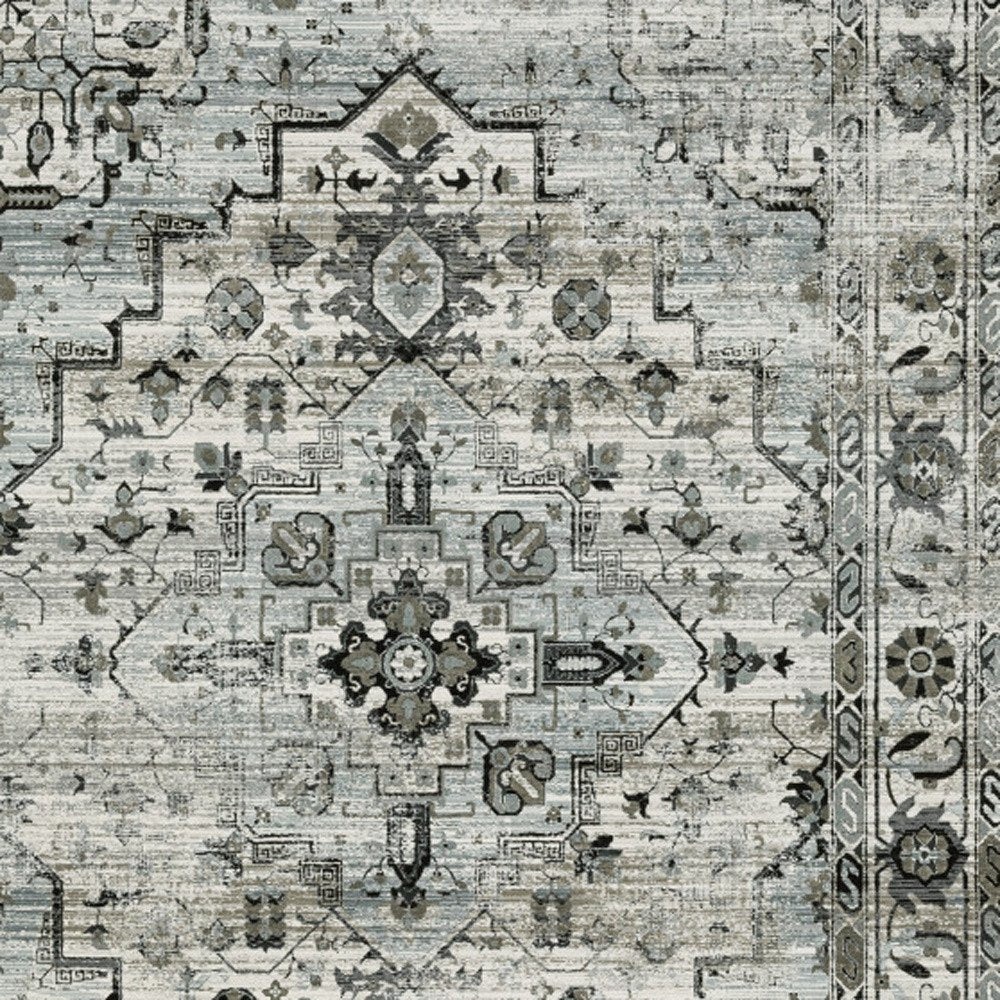 10' X 13' Ivory Grey Charcoal Blue And Taupe Oriental Power Loom Stain Resistant Area Rug