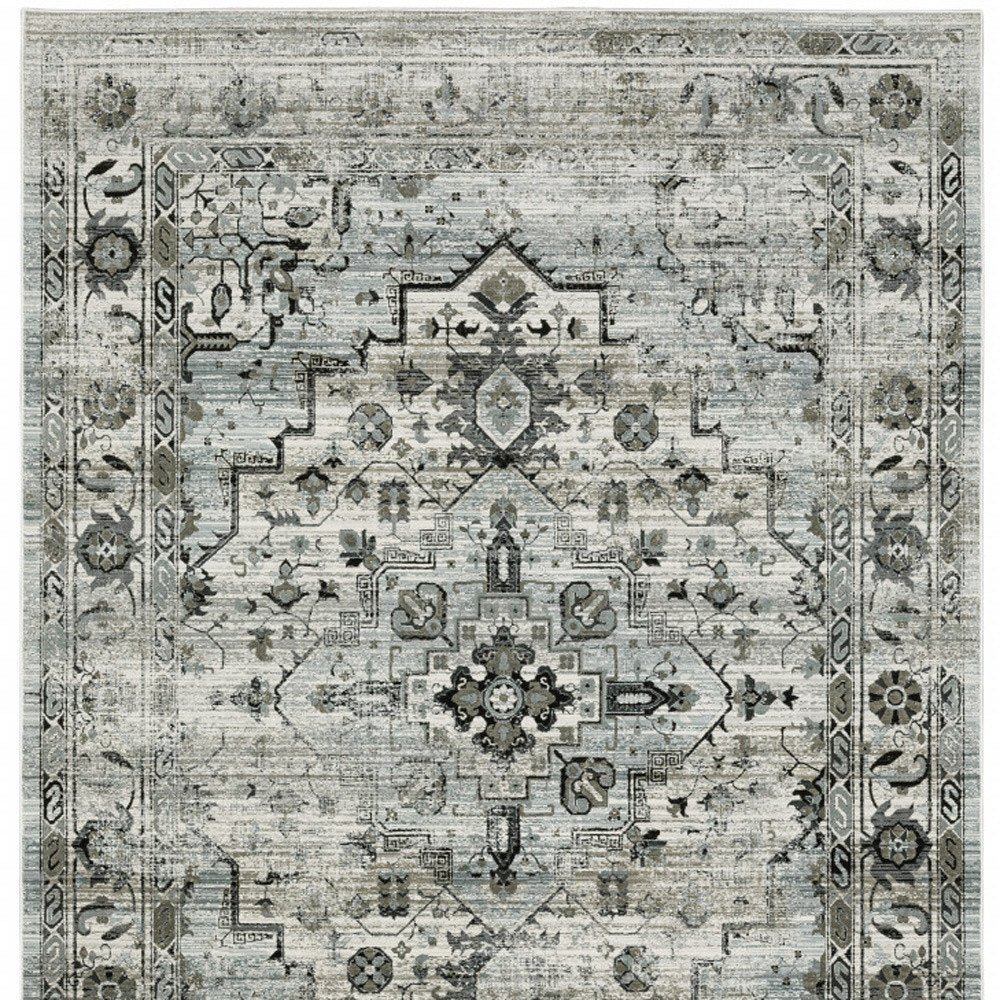 10' X 13' Ivory Grey Charcoal Blue And Taupe Oriental Power Loom Stain Resistant Area Rug