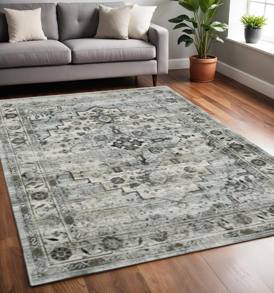 10' X 13' Ivory Grey Charcoal Blue And Taupe Oriental Power Loom Stain Resistant Area Rug