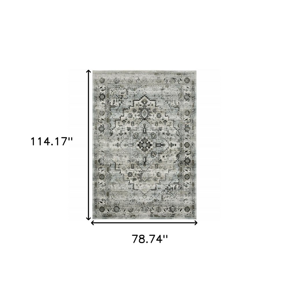 10' X 13' Ivory Grey Charcoal Blue And Taupe Oriental Power Loom Stain Resistant Area Rug