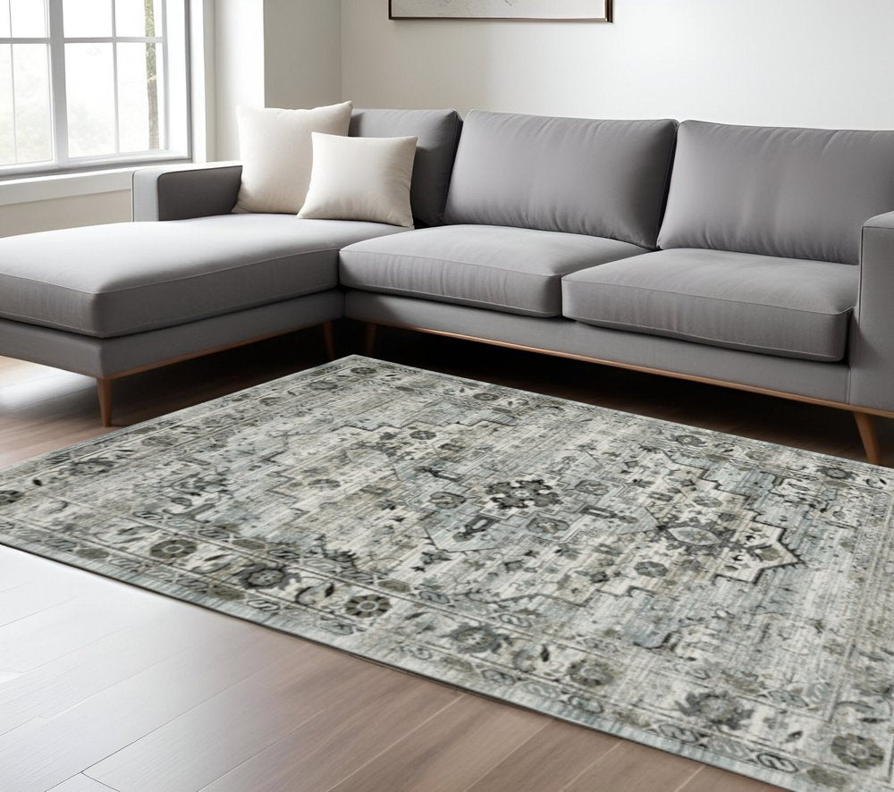 10' X 13' Ivory Grey Charcoal Blue And Taupe Oriental Power Loom Stain Resistant Area Rug