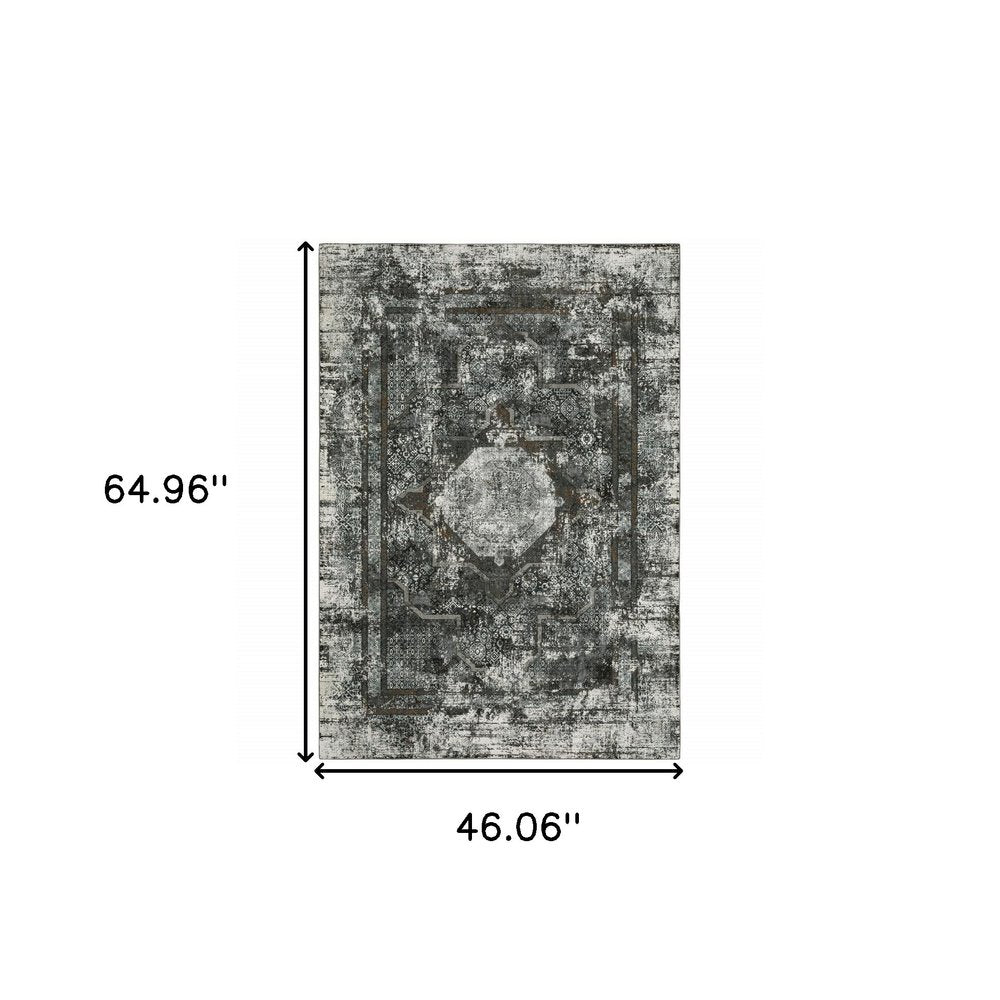 2' X 8' Charcoal Rust Grey Blue Ivory And Brown Oriental Power Loom Stain Resistant Runner Rug