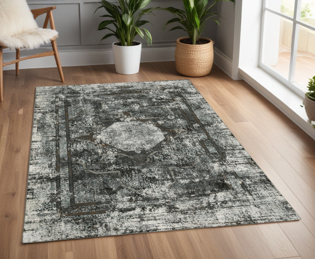 2' X 8' Charcoal Rust Grey Blue Ivory And Brown Oriental Power Loom Stain Resistant Runner Rug