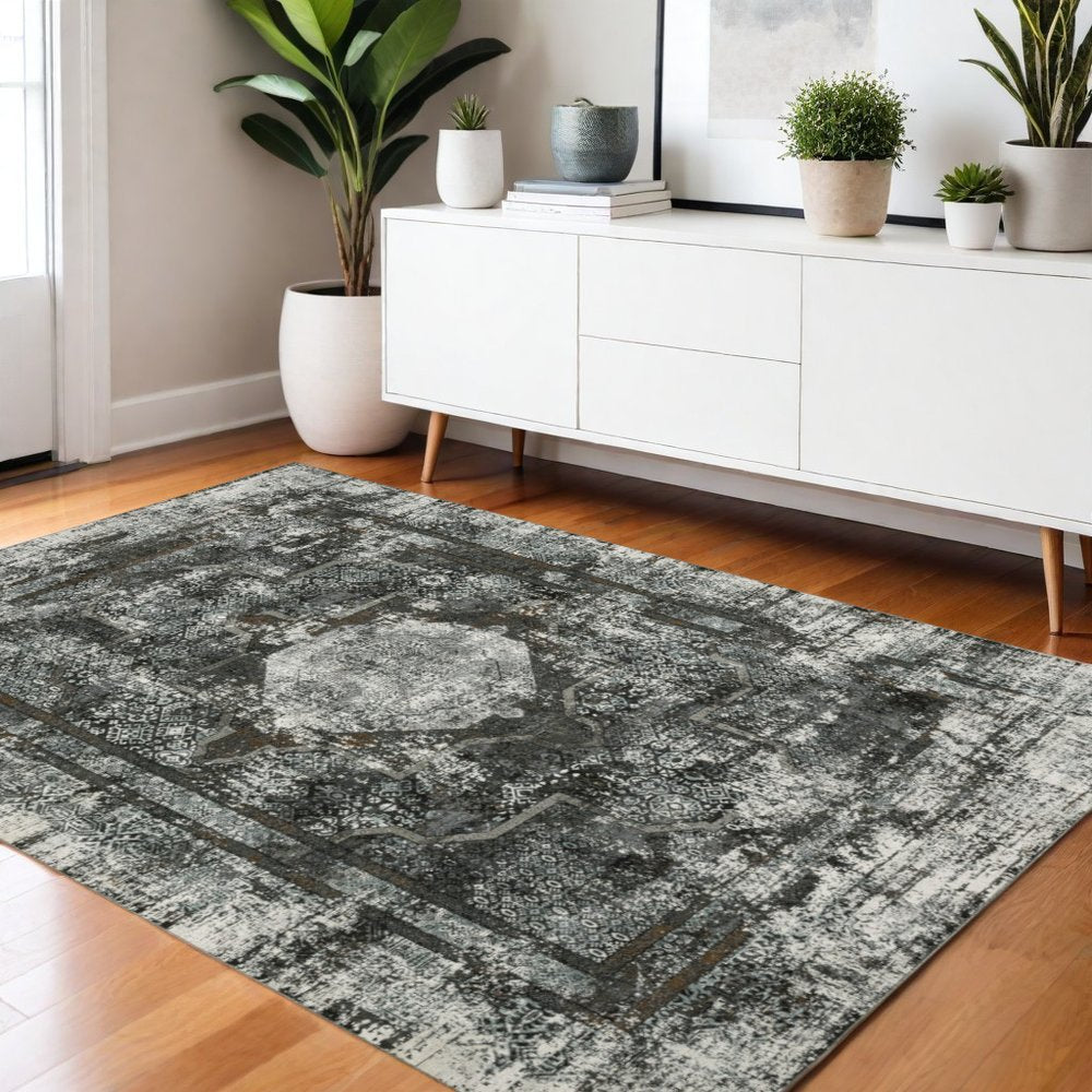 2' X 8' Charcoal Rust Grey Blue Ivory And Brown Oriental Power Loom Stain Resistant Runner Rug