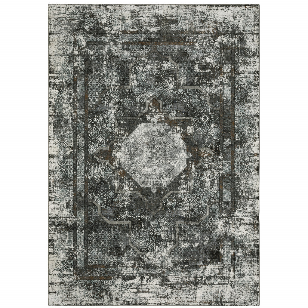 2' X 8' Charcoal Rust Grey Blue Ivory And Brown Oriental Power Loom Stain Resistant Runner Rug