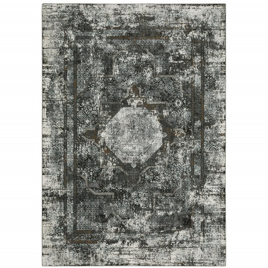 2' X 8' Charcoal Rust Grey Blue Ivory And Brown Oriental Power Loom Stain Resistant Runner Rug