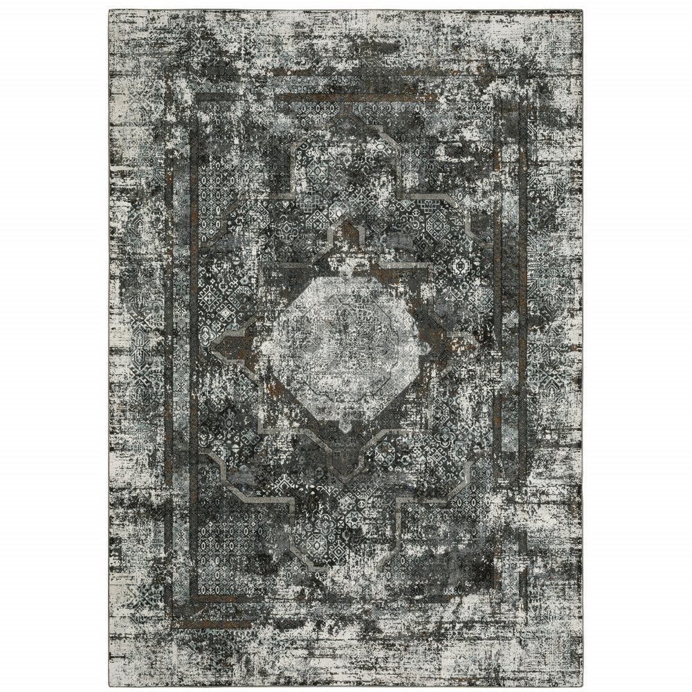 2' X 8' Charcoal Rust Grey Blue Ivory And Brown Oriental Power Loom Stain Resistant Runner Rug