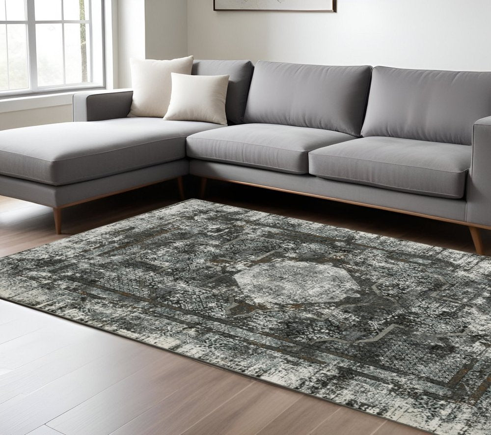 2' X 8' Charcoal Rust Grey Blue Ivory And Brown Oriental Power Loom Stain Resistant Runner Rug
