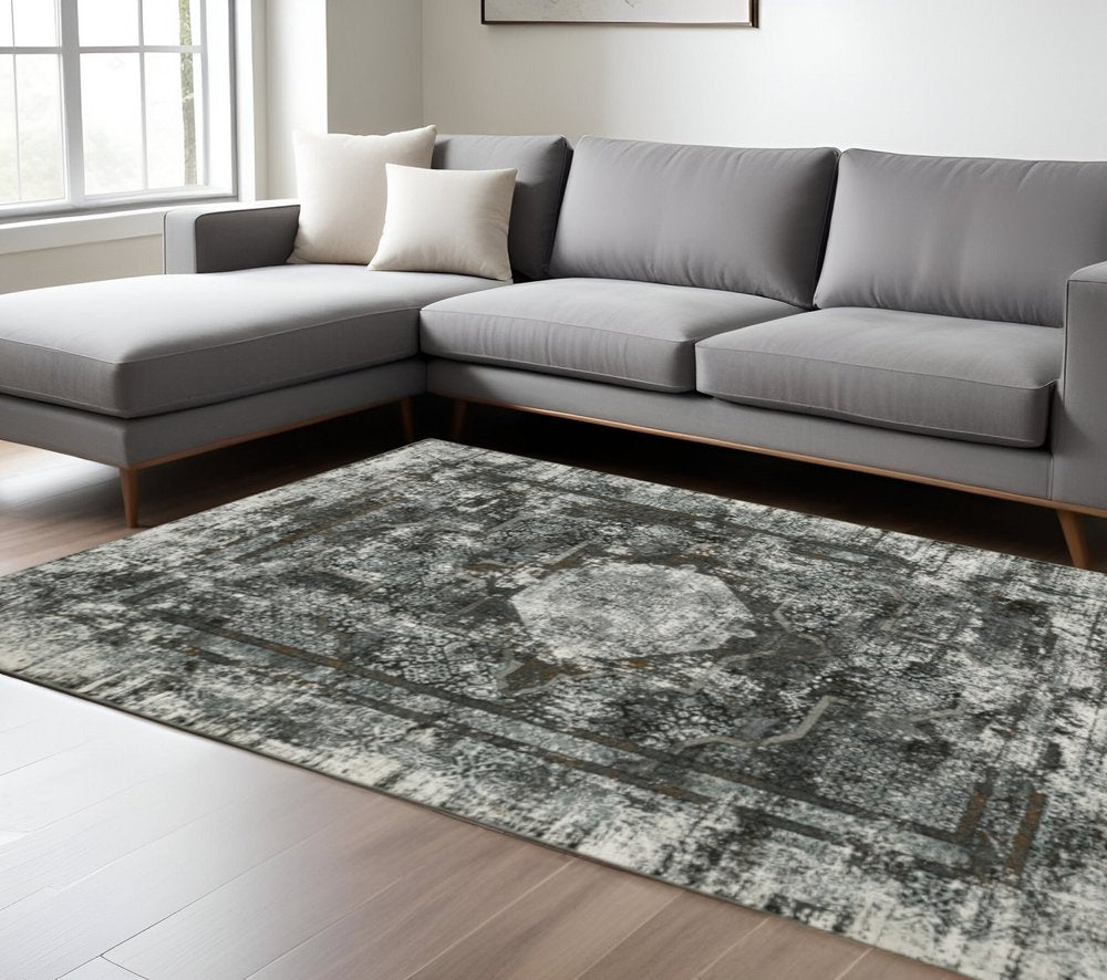 2' X 8' Charcoal Rust Grey Blue Ivory And Brown Oriental Power Loom Stain Resistant Runner Rug