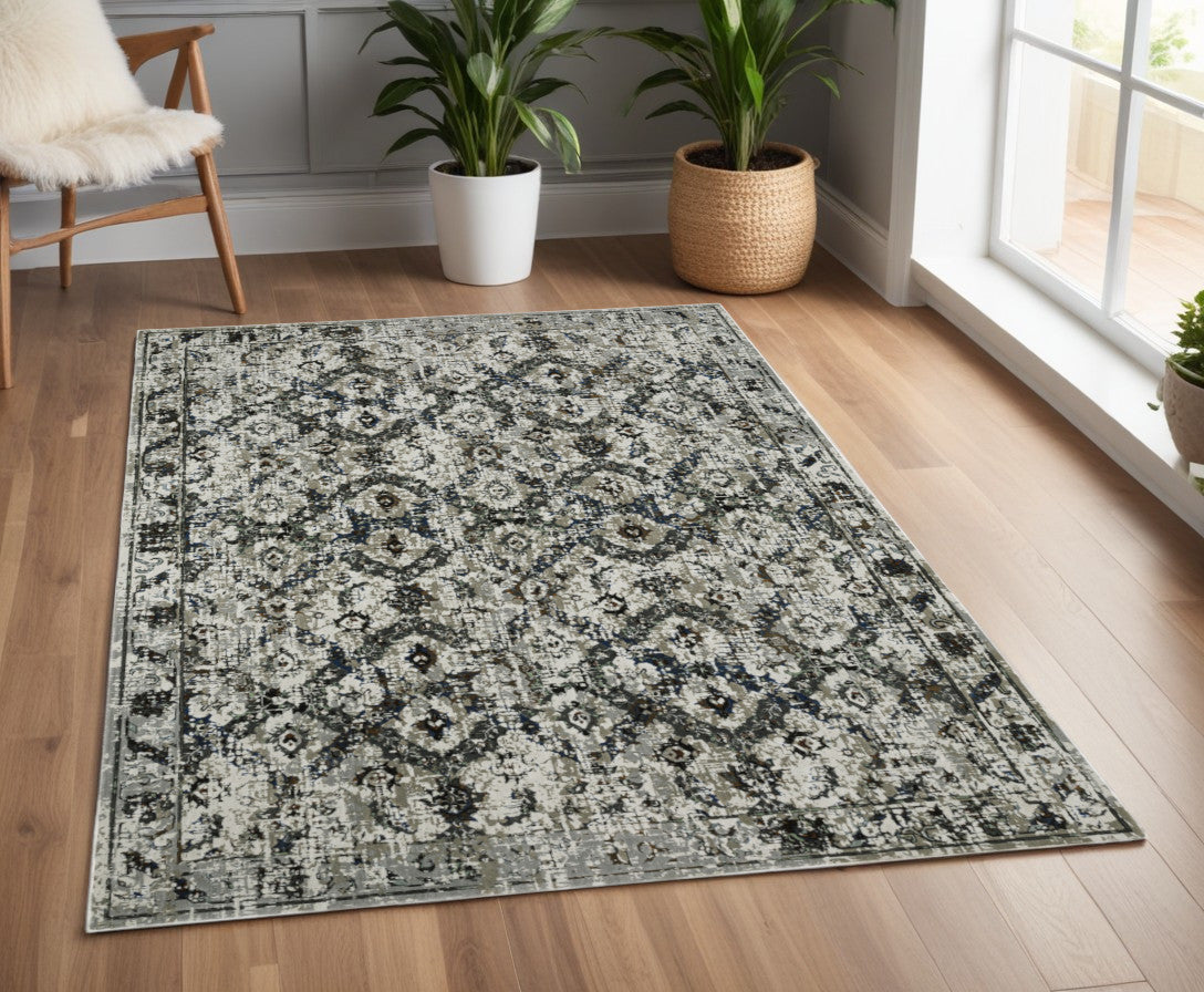 2' X 8' Ivory Charcoal Grey Blue Rust Gold And Brown Oriental Power Loom Stain Resistant Runner Rug