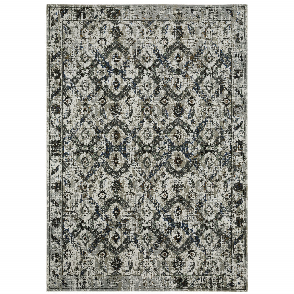 2' X 8' Ivory Charcoal Grey Blue Rust Gold And Brown Oriental Power Loom Stain Resistant Runner Rug