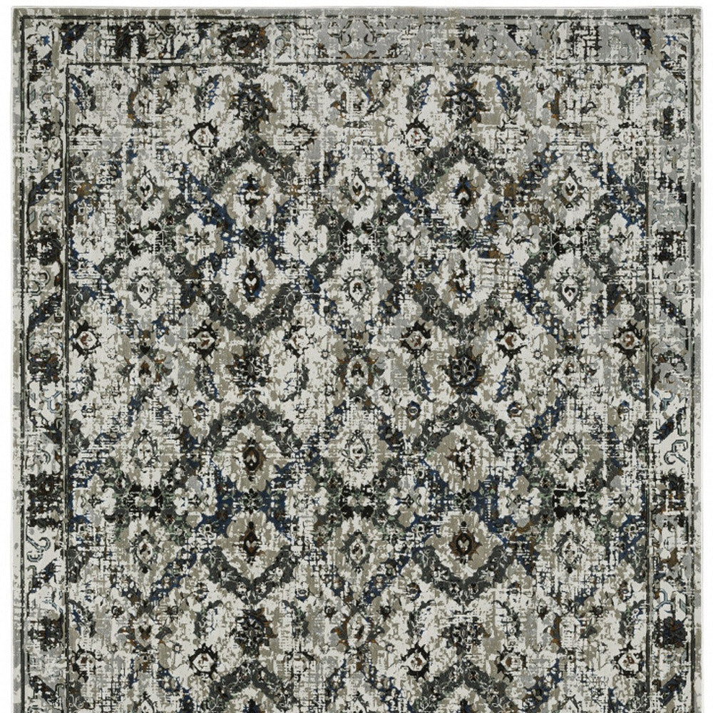 2' X 8' Ivory Charcoal Grey Blue Rust Gold And Brown Oriental Power Loom Stain Resistant Runner Rug