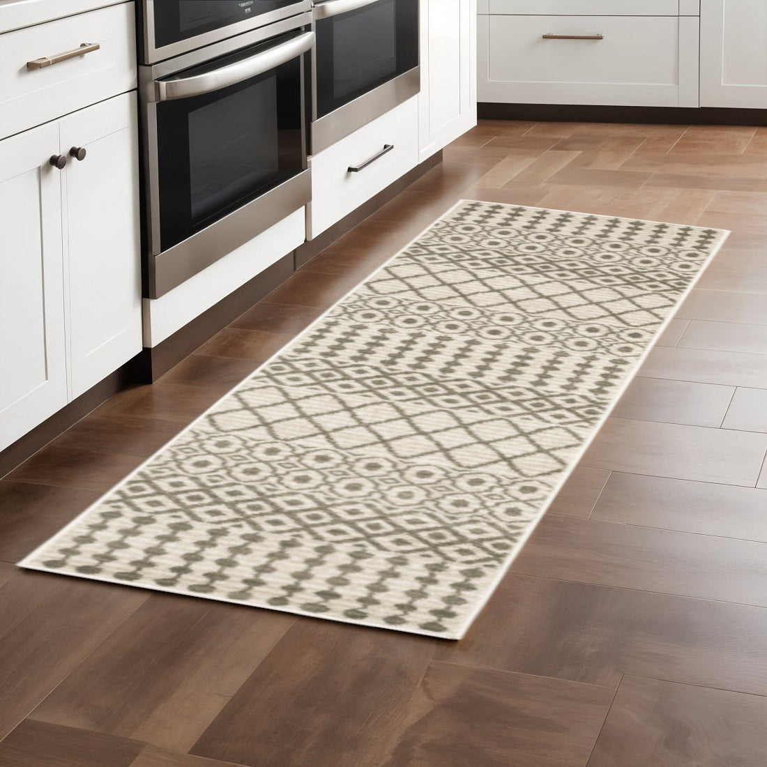2' X 8' Ivory And Grey Geometric Power Loom Stain Resistant Runner Rug