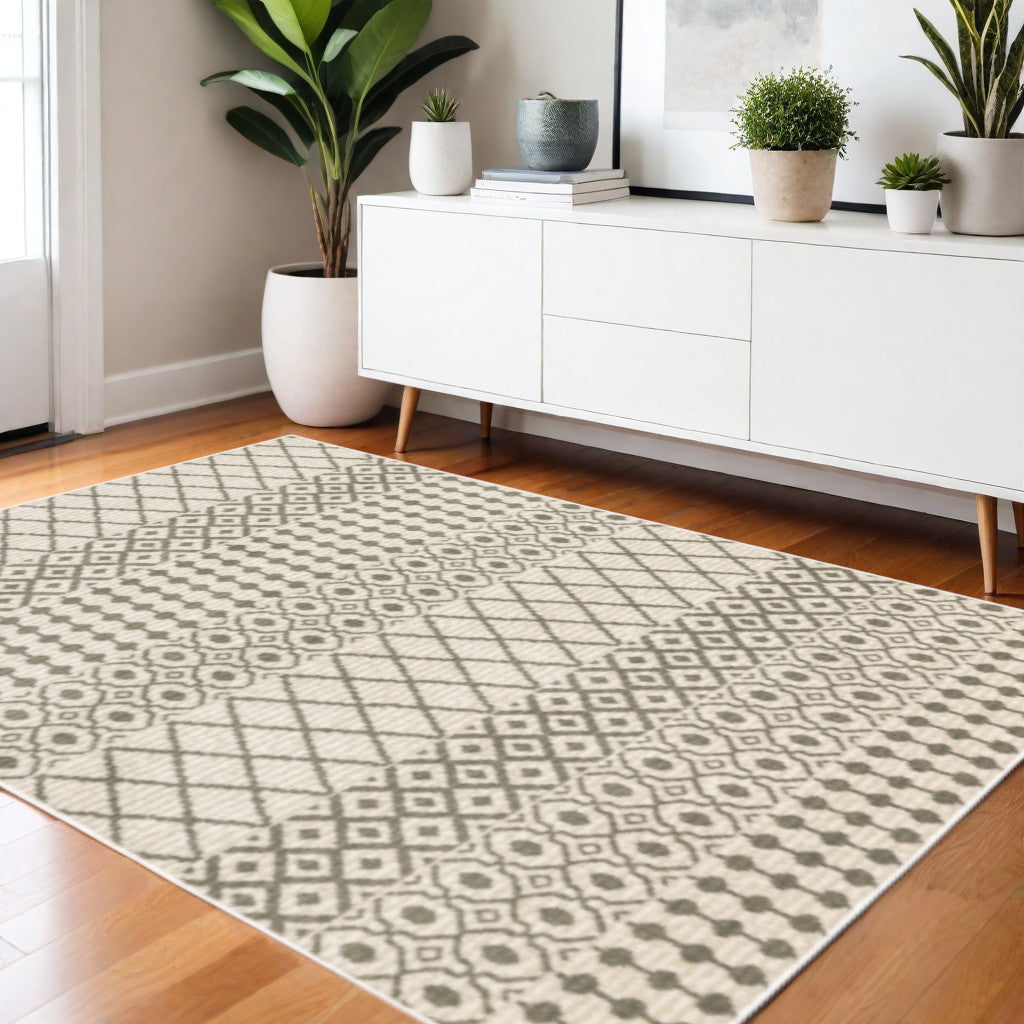 2' X 8' Ivory And Grey Geometric Power Loom Stain Resistant Runner Rug