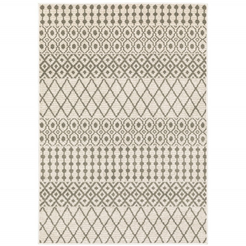 2' X 8' Ivory And Grey Geometric Power Loom Stain Resistant Runner Rug