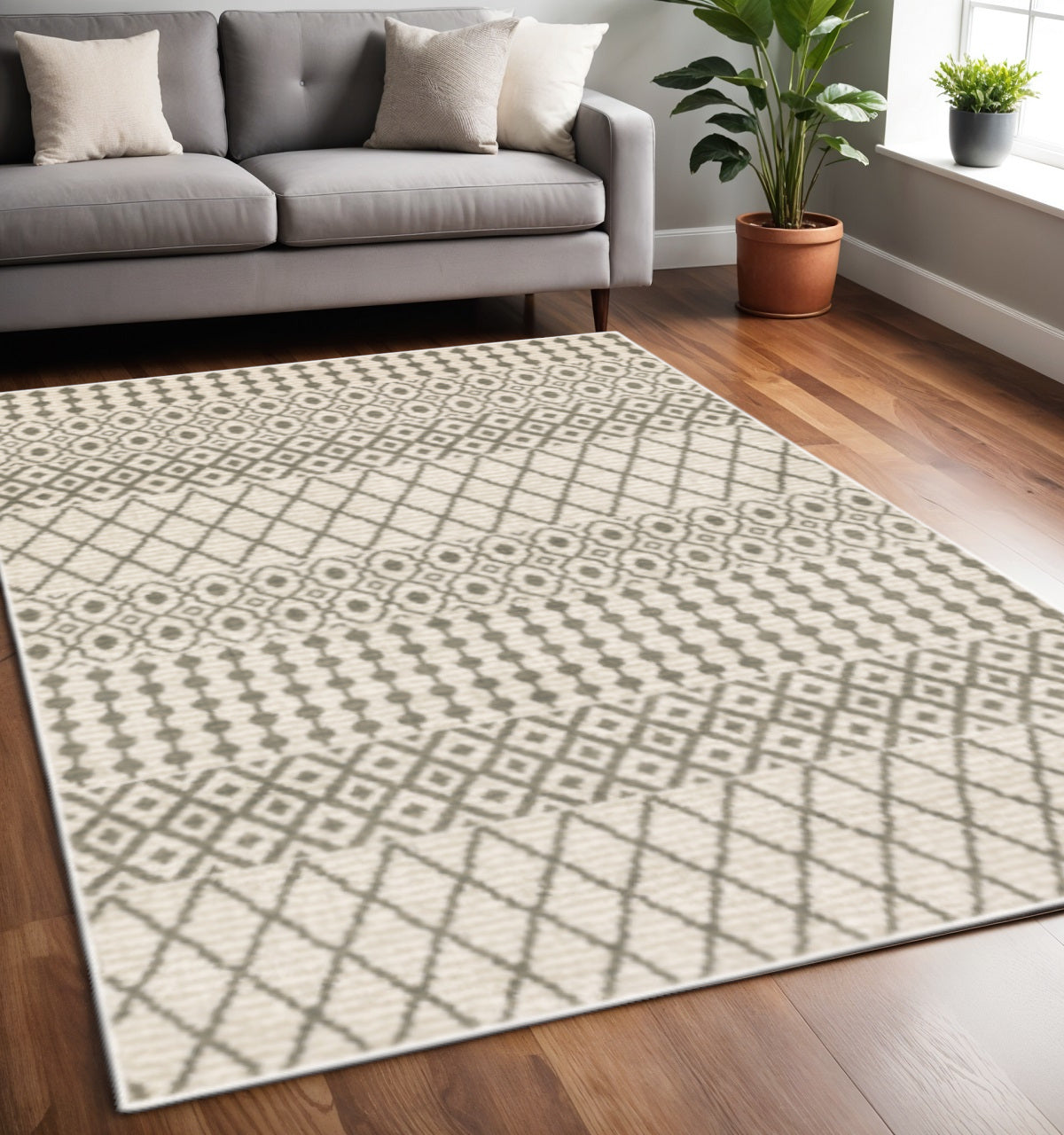 2' X 8' Ivory And Grey Geometric Power Loom Stain Resistant Runner Rug