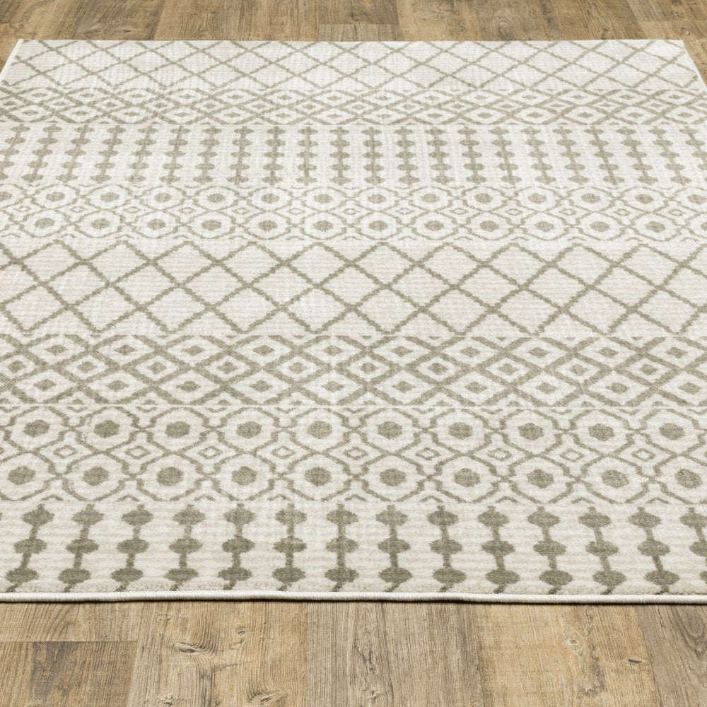 2' X 8' Ivory And Grey Geometric Power Loom Stain Resistant Runner Rug