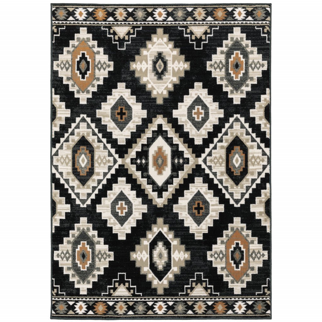 2' X 8' Black Grey Tan Orange And Ivory Southwestern Power Loom Stain Resistant Runner Rug