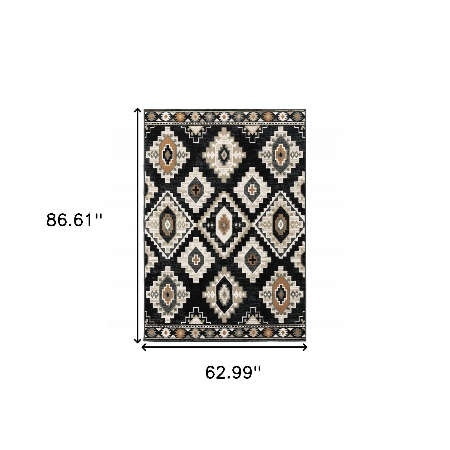 2' X 8' Black Grey Tan Orange And Ivory Southwestern Power Loom Stain Resistant Runner Rug