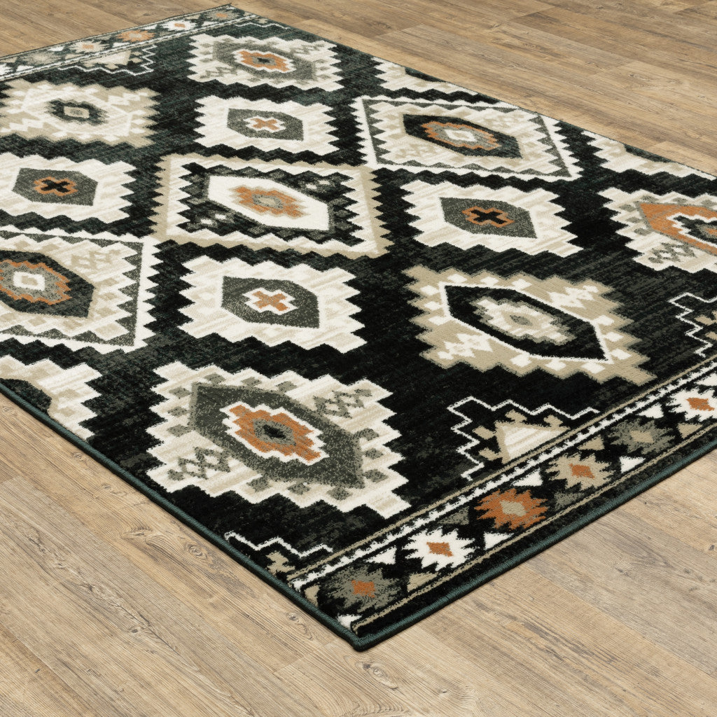 2' X 8' Black Grey Tan Orange And Ivory Southwestern Power Loom Stain Resistant Runner Rug