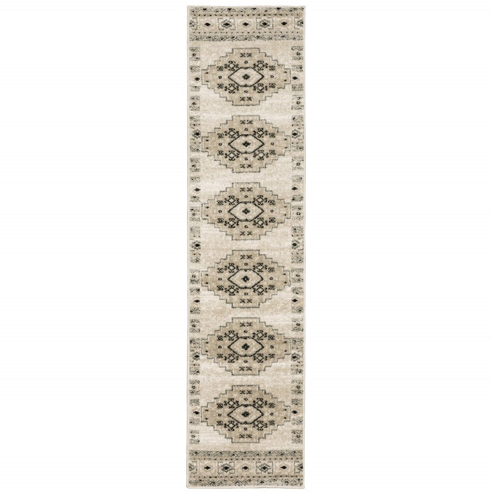 2' X 8' Ivory Grey Black And Ivory Southwestern Power Loom Stain Resistant Runner Rug