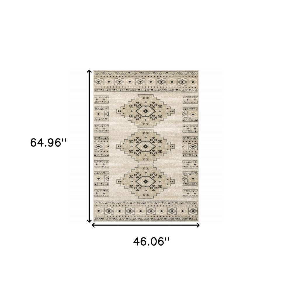 2' X 8' Ivory Grey Black And Ivory Southwestern Power Loom Stain Resistant Runner Rug