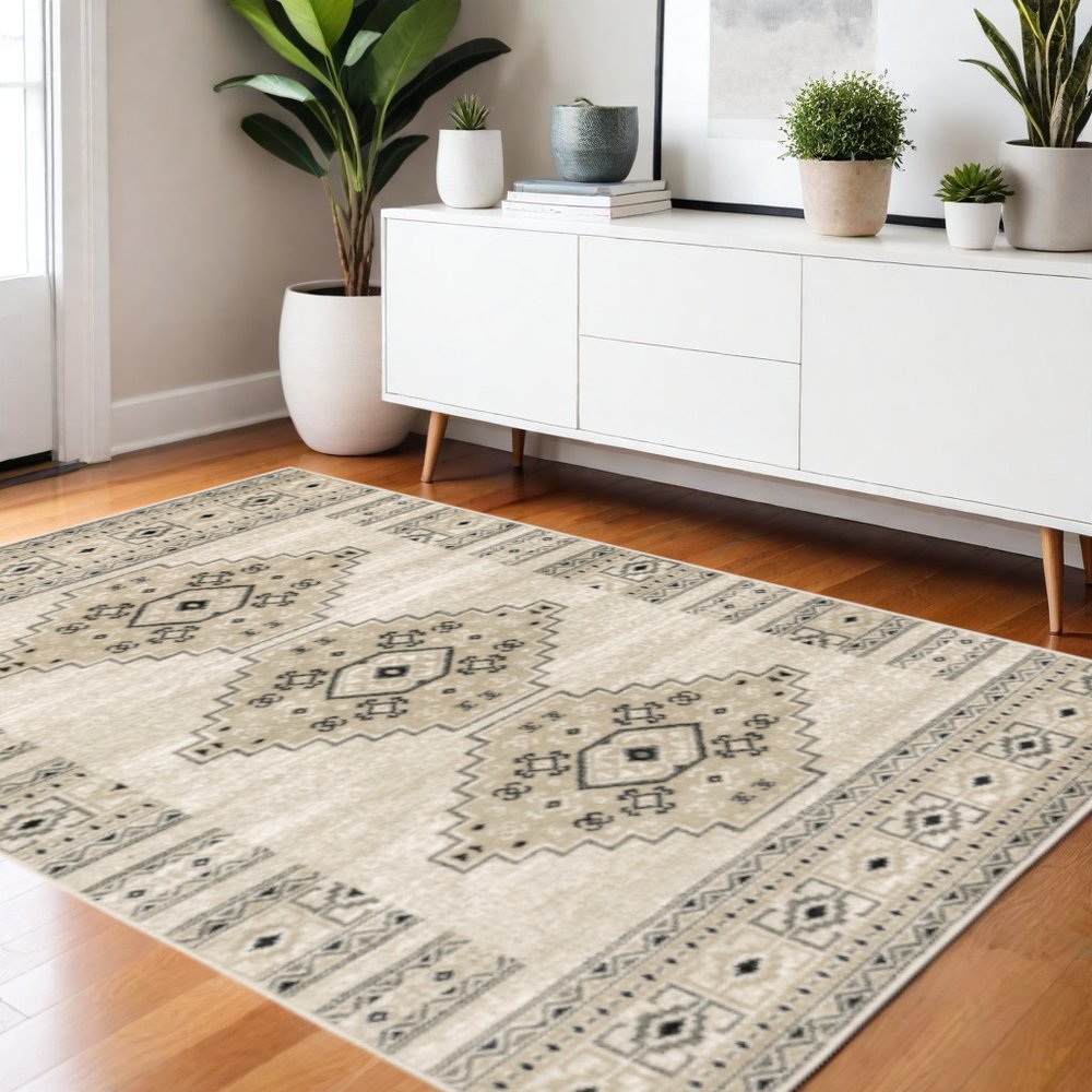 2' X 8' Ivory Grey Black And Ivory Southwestern Power Loom Stain Resistant Runner Rug