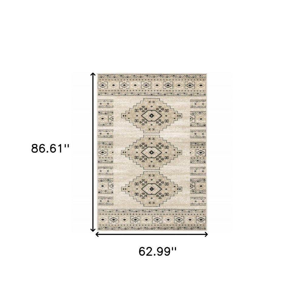2' X 8' Ivory Grey Black And Ivory Southwestern Power Loom Stain Resistant Runner Rug