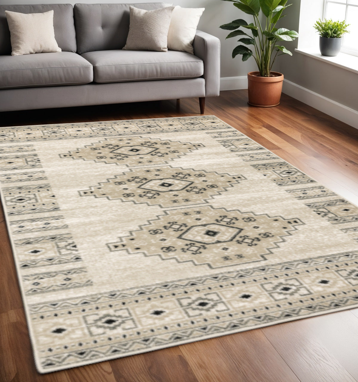 2' X 8' Ivory Grey Black And Ivory Southwestern Power Loom Stain Resistant Runner Rug