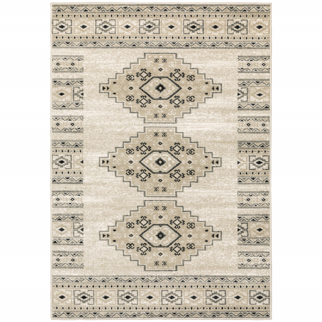 2' X 8' Ivory Grey Black And Ivory Southwestern Power Loom Stain Resistant Runner Rug
