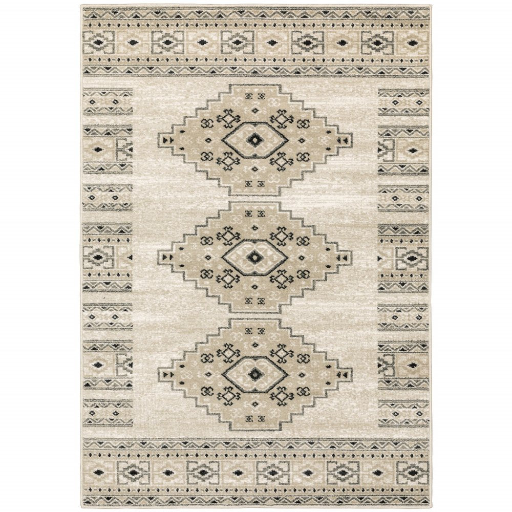 2' X 8' Ivory Grey Black And Ivory Southwestern Power Loom Stain Resistant Runner Rug