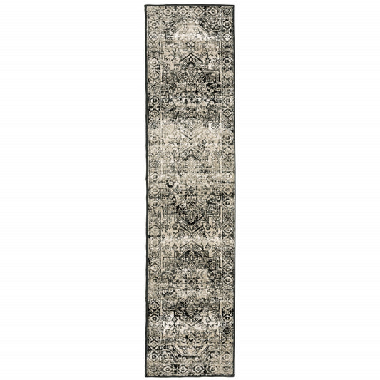 4' X 6' Black Grey Tan And Ivory Oriental Power Loom Stain Resistant Area Rug