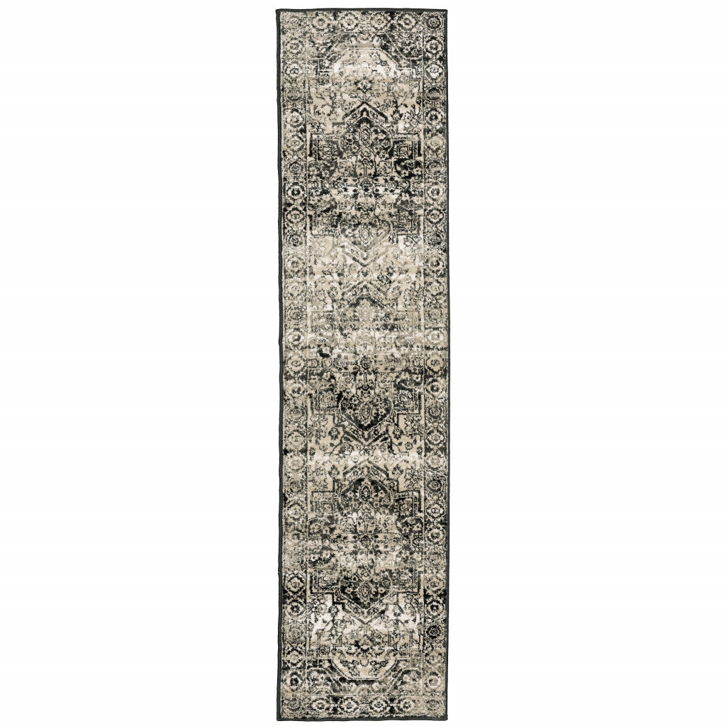4' X 6' Black Grey Tan And Ivory Oriental Power Loom Stain Resistant Area Rug