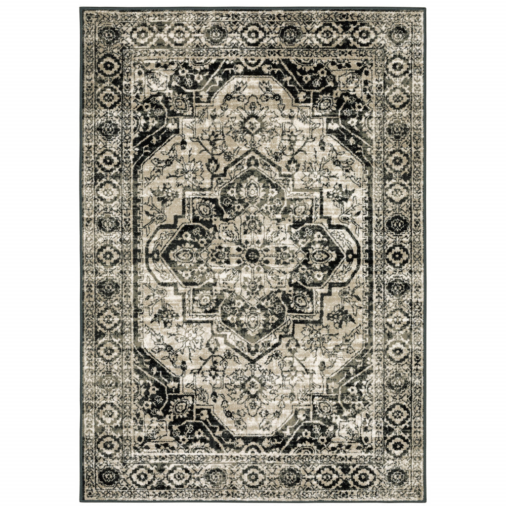 2' X 8' Black Grey Tan And Ivory Oriental Power Loom Stain Resistant Runner Rug