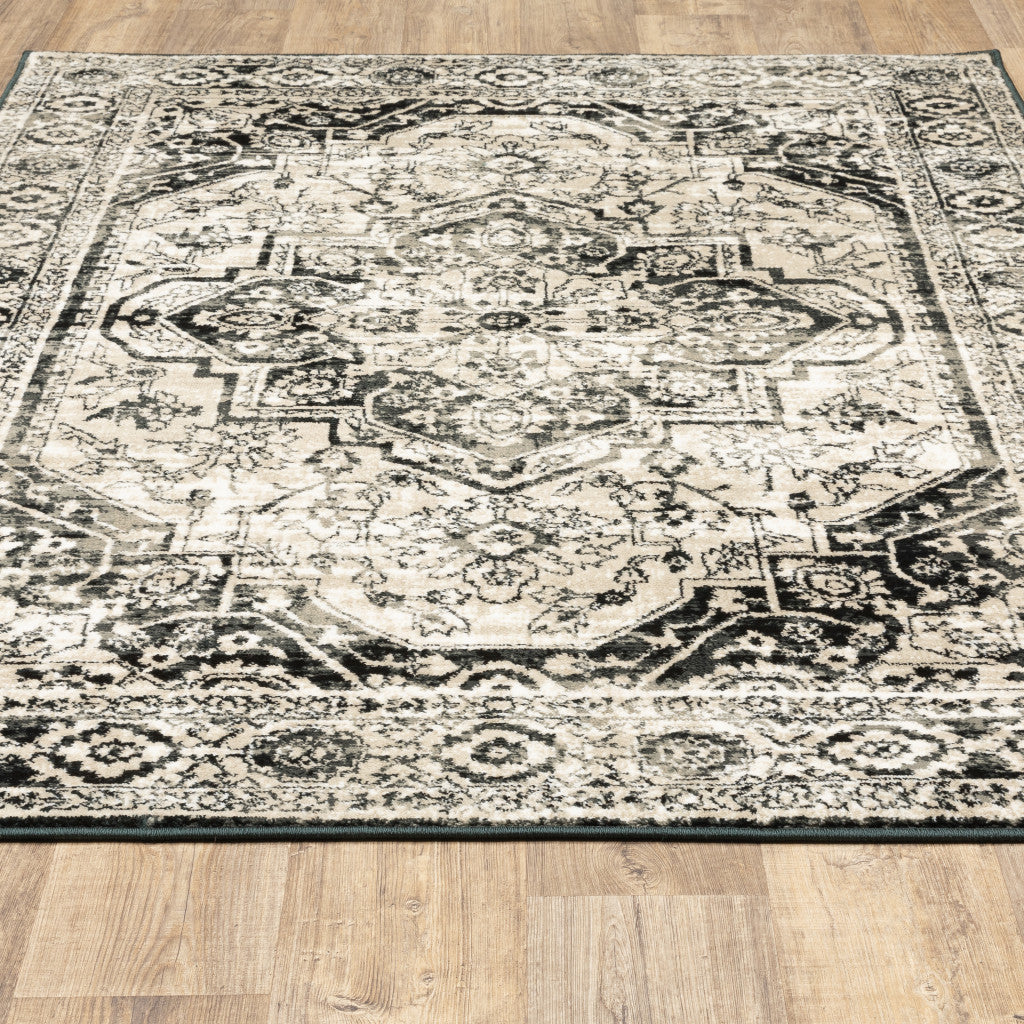 2' X 8' Black Grey Tan And Ivory Oriental Power Loom Stain Resistant Runner Rug