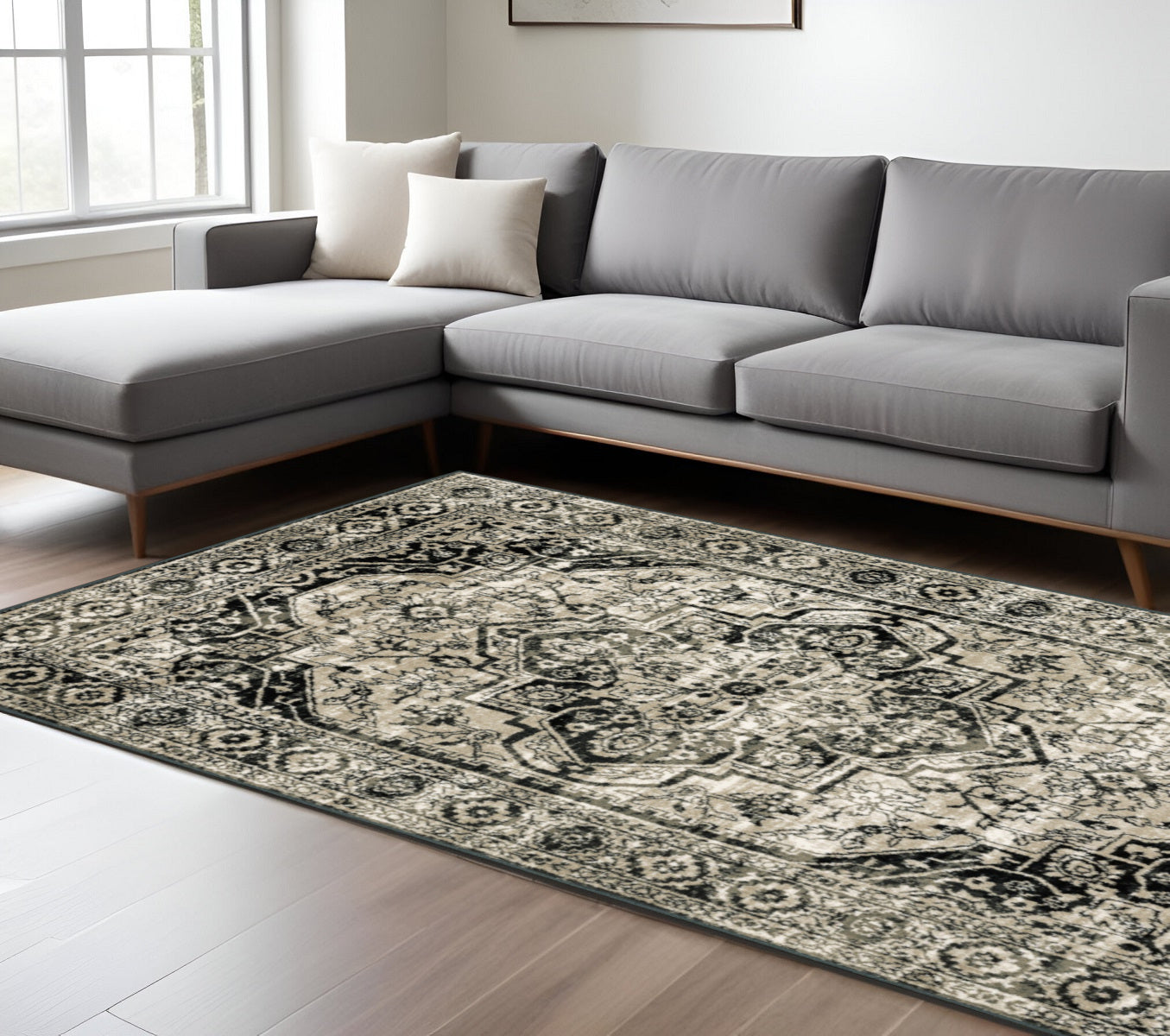 2' X 8' Black Grey Tan And Ivory Oriental Power Loom Stain Resistant Runner Rug