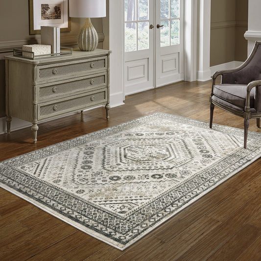 2' X 8' Ivory Grey Black And Ivory Oriental Power Loom Stain Resistant Runner Rug