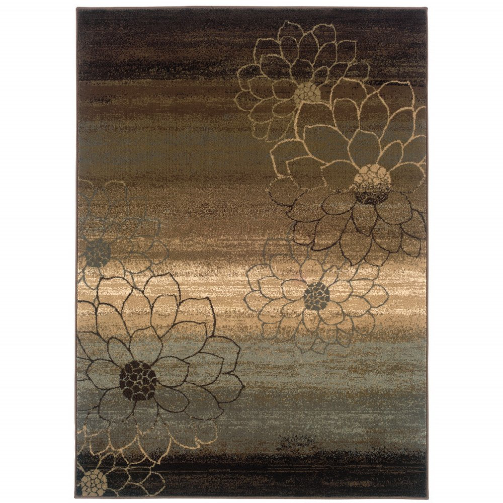 8' X 11' Brown Beige And Black Floral Area Rug
