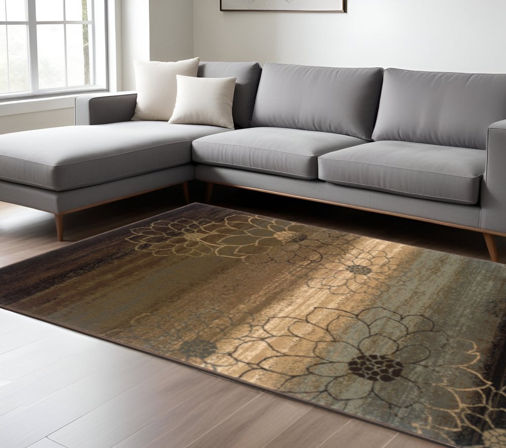8' X 11' Brown Beige And Black Floral Area Rug