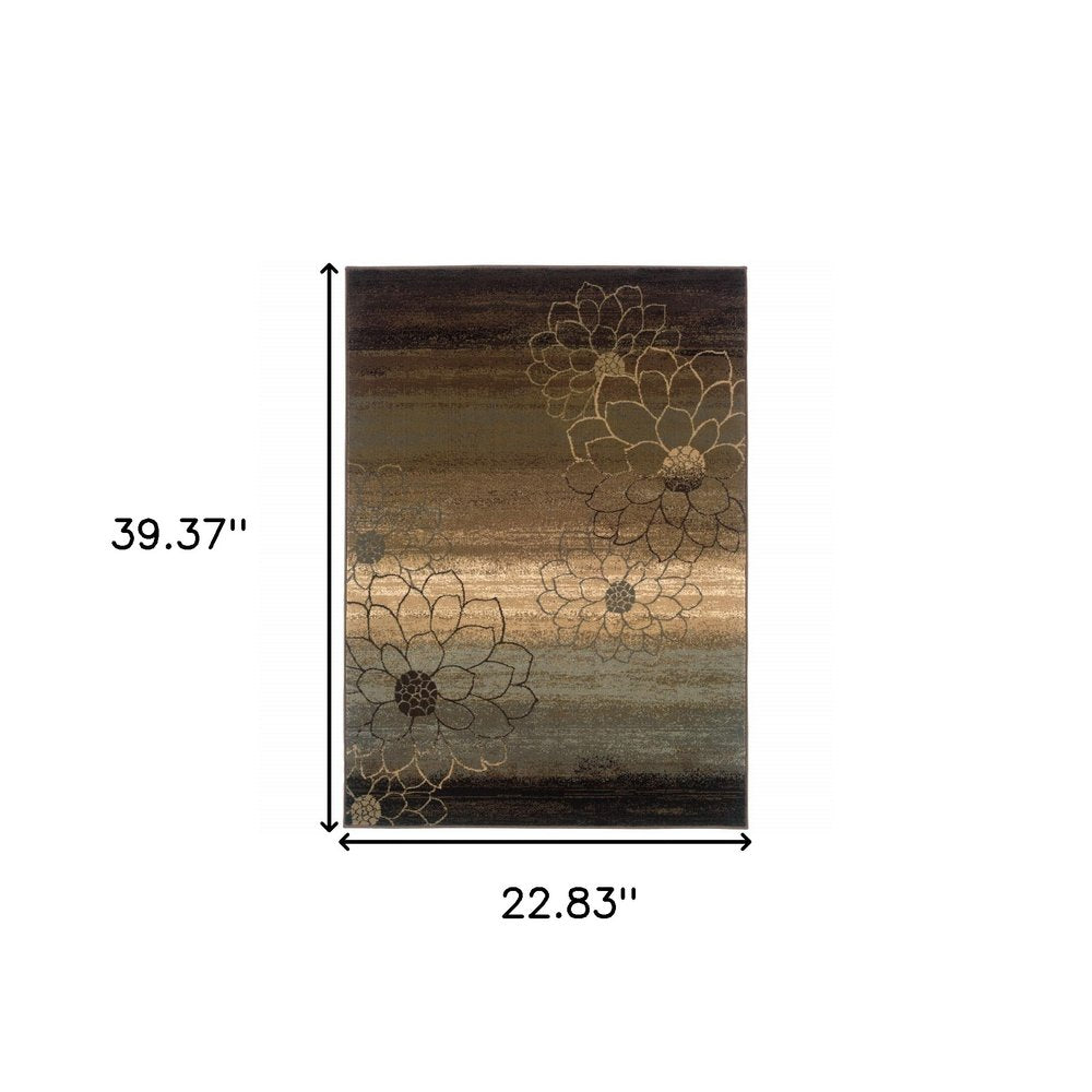 8' X 11' Brown Beige And Black Floral Area Rug