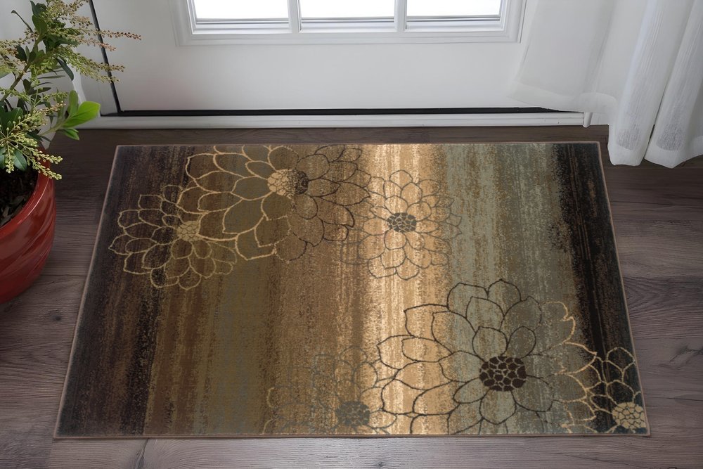 8' X 11' Brown Beige And Black Floral Area Rug