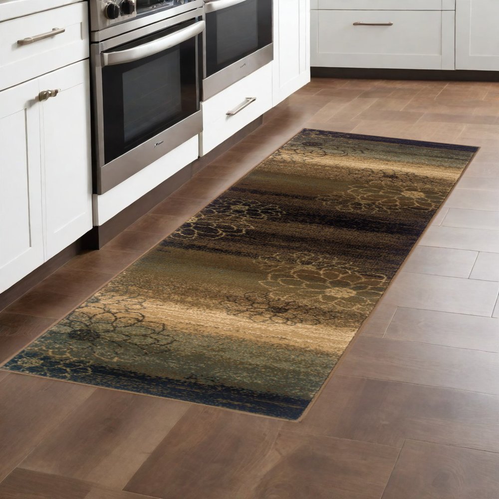 8' X 11' Brown Beige And Black Floral Area Rug