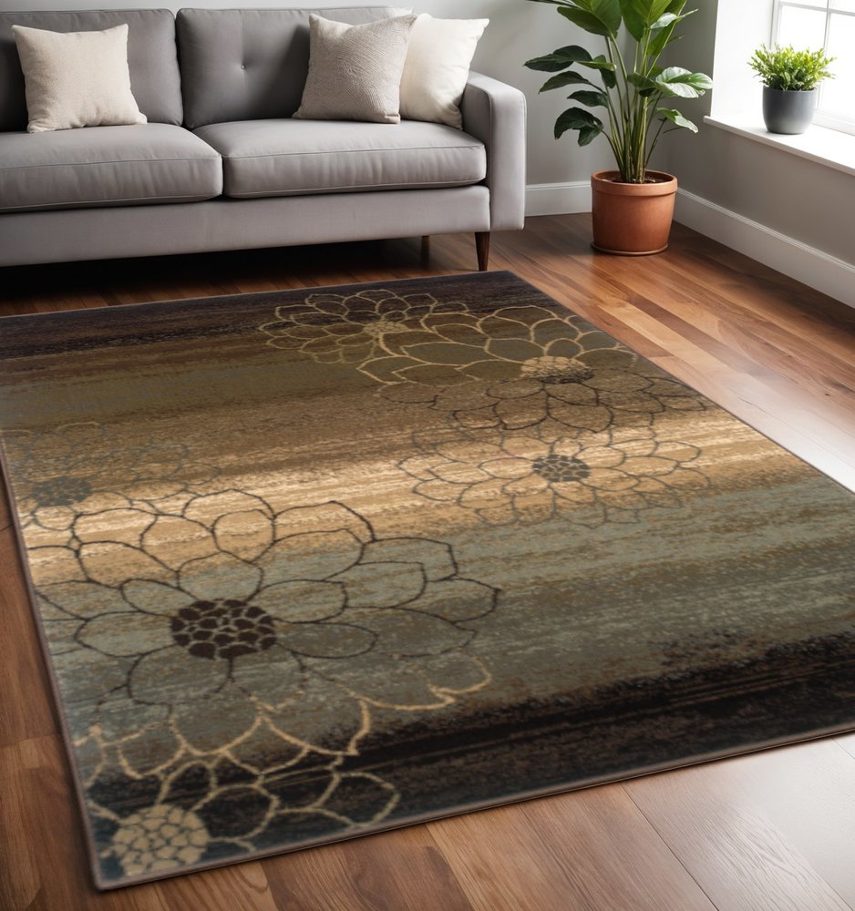 8' X 11' Brown Beige And Black Floral Area Rug
