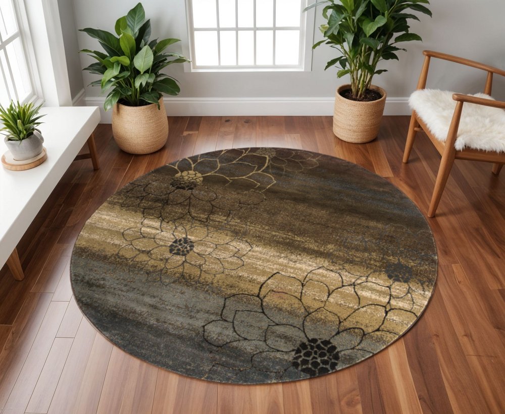 8' X 11' Brown Beige And Black Floral Area Rug