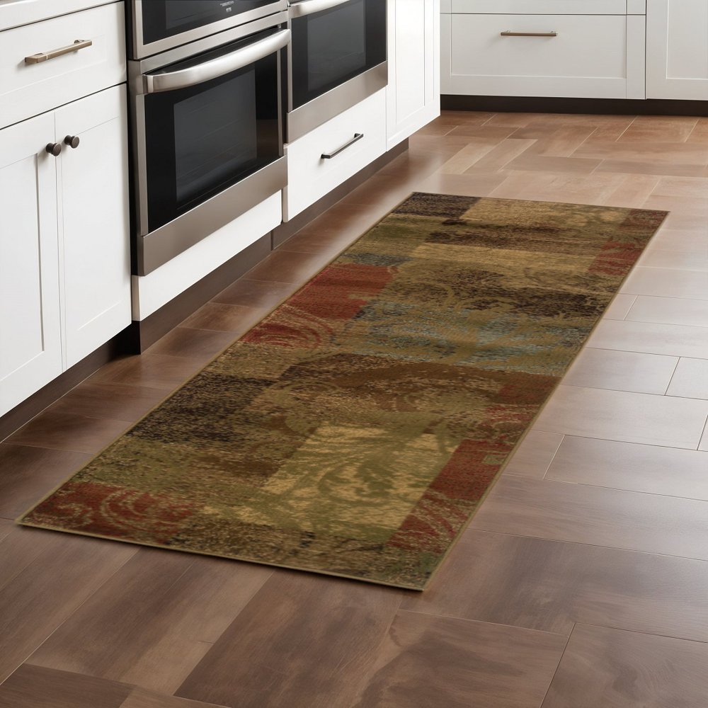 2' X 8' Green Geometric Power Loom Stain Resistant Runner Rug