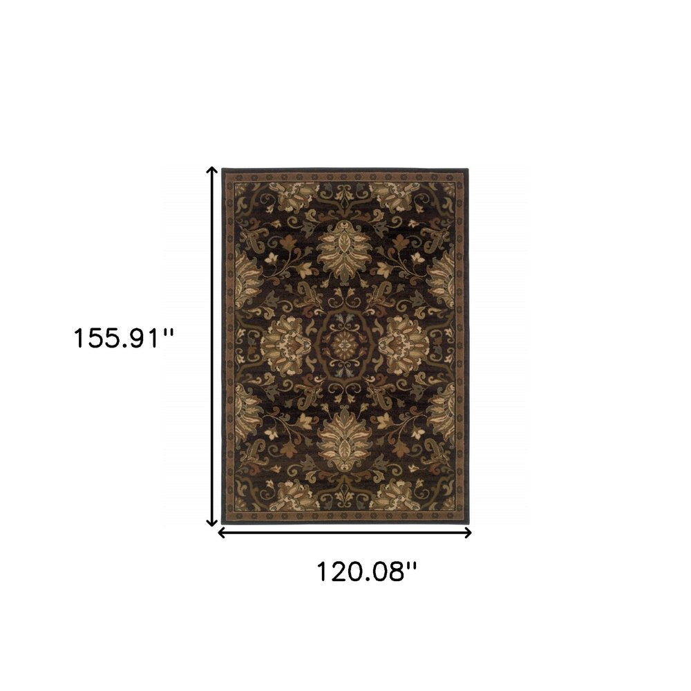 8' Brown Round Oriental Power Loom Stain Resistant Area Rug