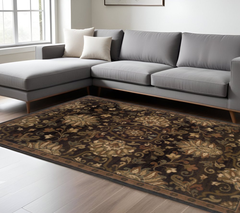 8' Brown Round Oriental Power Loom Stain Resistant Area Rug