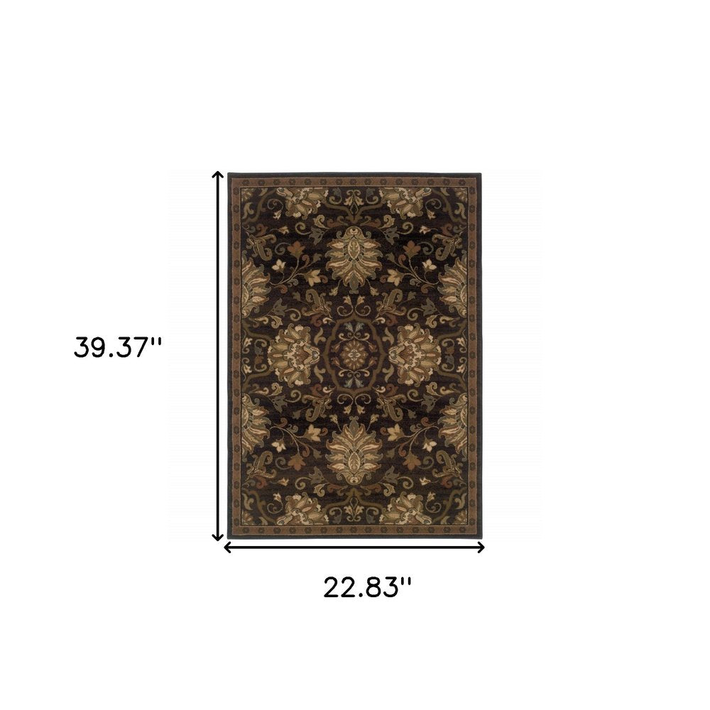 8' Brown Round Oriental Power Loom Stain Resistant Area Rug