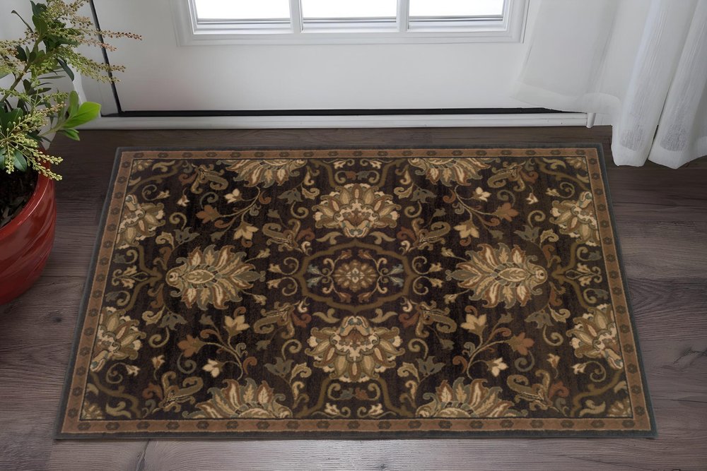 8' Brown Round Oriental Power Loom Stain Resistant Area Rug